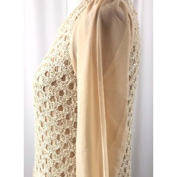 John Fashion Tan Ivory Knit Chiffon Top BB32 - Picture 3 of 8
